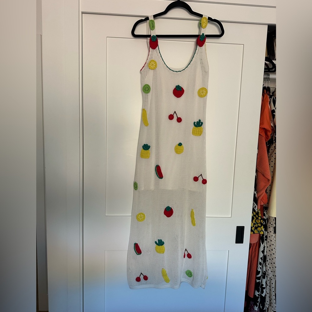 STAUD Colorful Fruit Patterned White Dress